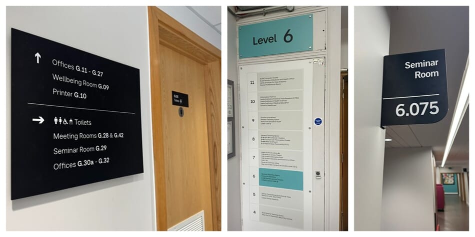 A collage of the directional signage throughout Leeds University.